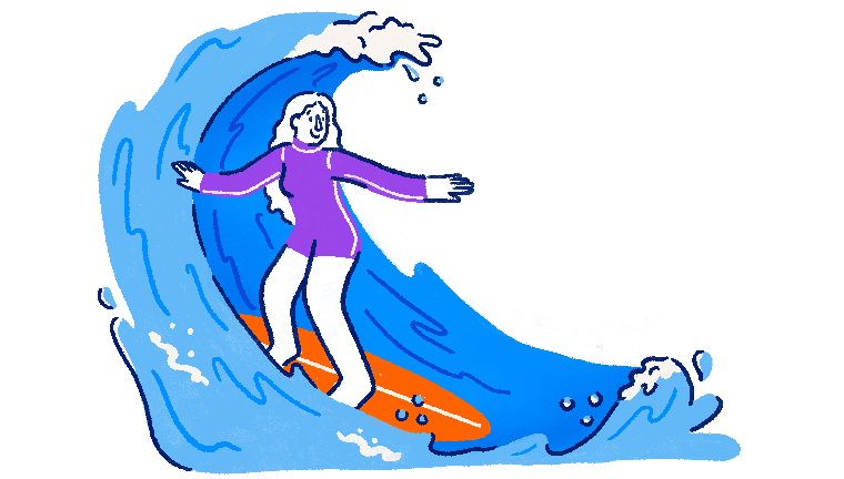Illustration of a person confidently riding a blue wave on an orange surfboard.